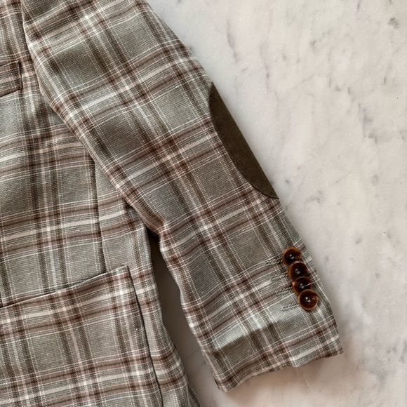 Isaac Mizrahi NewYork Boys 4 Checked Blazer Olive Brown Oxford Plaid Linen Elbow - Picture 2 of 12